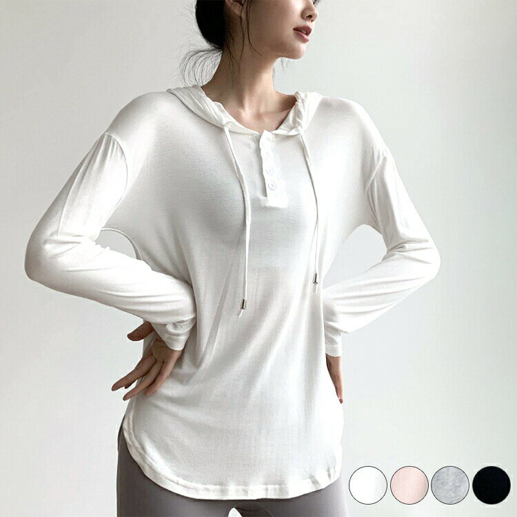 スポーツウェアレディースTシャツ長袖ロンTフード付きフーディーゆったり無地長めロング丈薄手フィット..