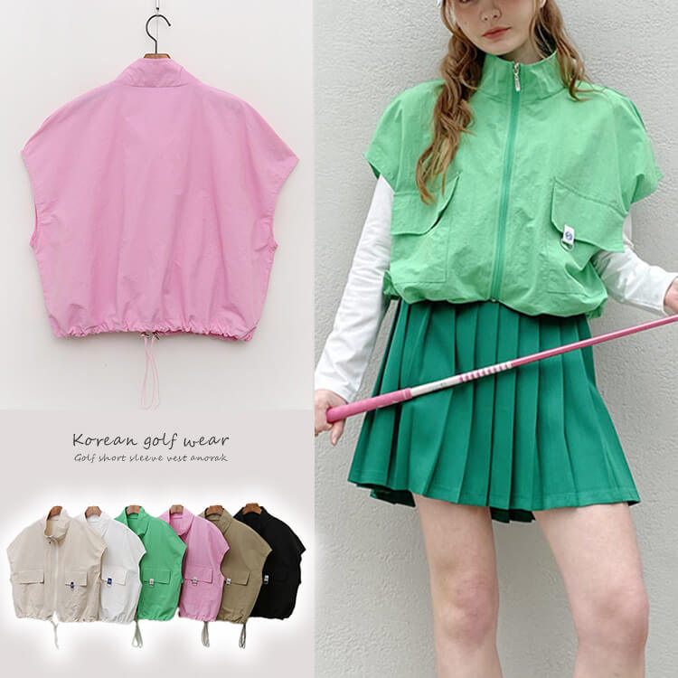 ゴルフレディース半袖ベストジップアップアノラックポケット付きストリングドロストデイリースポーツウ..