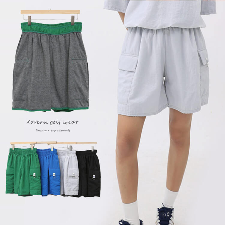ゴルフウェアハーフパンツレディース韓国パンツワイドパンツカーゴパンツトレーニングワイドカーゴテニスジムダンストレーニングウェア春夏秋無地シンプル裏地付きカジュアル緑青グレー黒ゴルフ女子大人ゴルフスポーツ