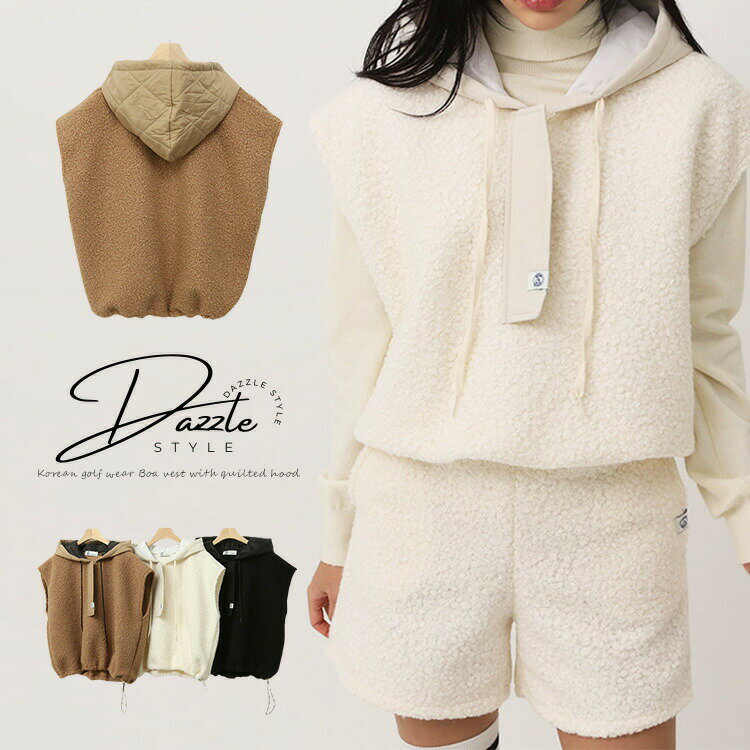 ゴルフウェアベストボアレディース韓国防寒秋冬秋冬フードフリースあったか暖かいキルティング異素材韓国ゴルフウェア黒白ブラウンおしゃれシンプルフーディーゴルフ女子大人ゴルフスポーツテニス