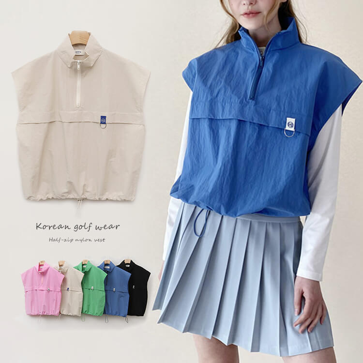 ゴルフウェアナイロンベストレディース韓国ジャージハーフジップハイネック襟春秋夏おしゃれカジュアル..