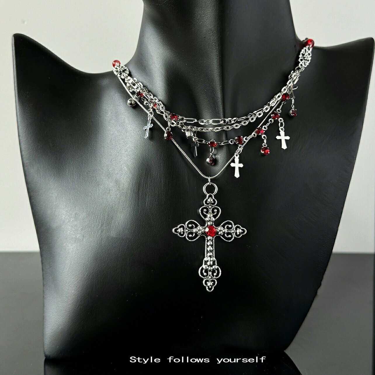 チェーンネックレス 重ね クロス ショットネックレス レディース ネックレス パンク おしゃれ ブラック セクシー アクセサリー アジャスター付 Punk ファッション