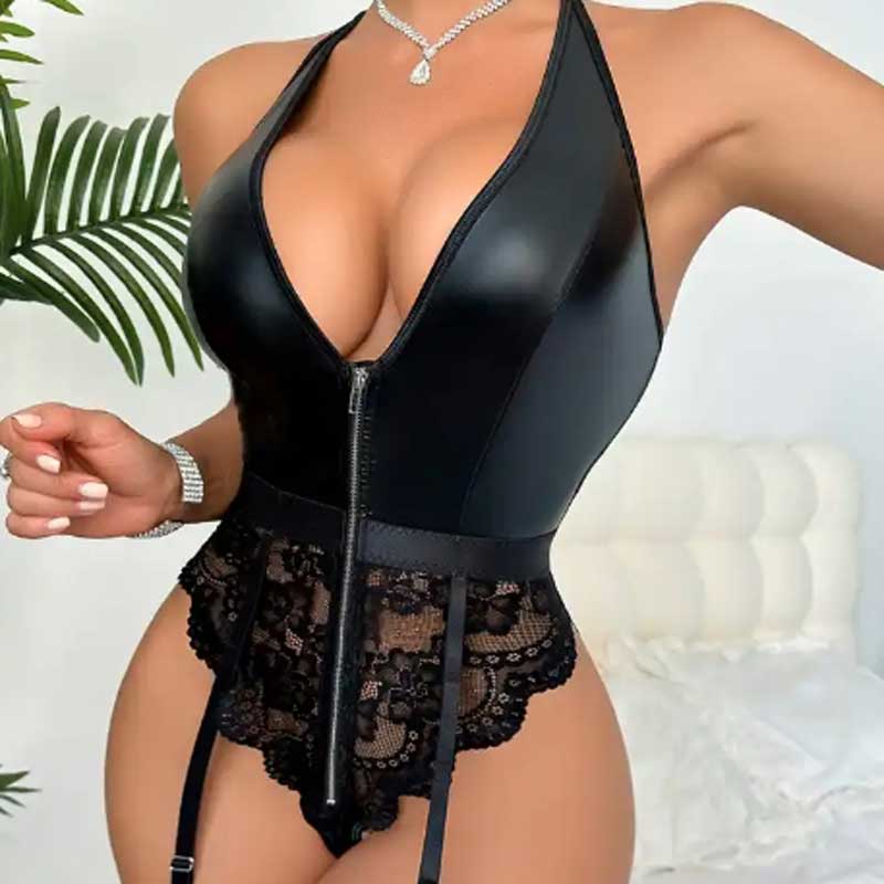 ボンテージ コスチューム衣装 セクシー衣装 S M L XL XXLサイズ 黒 合皮とサテントレース使用ボンテー..