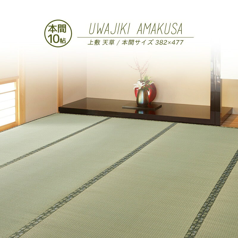 【メーカー直送品】国産 い草風上敷 天草 本間10帖 約382×477cm 抗カビ 消臭 国産い草100％ 双目織 全四方縁 日本製 上質 キズ防止 畳 ラグ カーペット 和風敷物 柄上敷き 和風 和室 通年使用 ホットカーペット対応 日本産 h38037 新生活