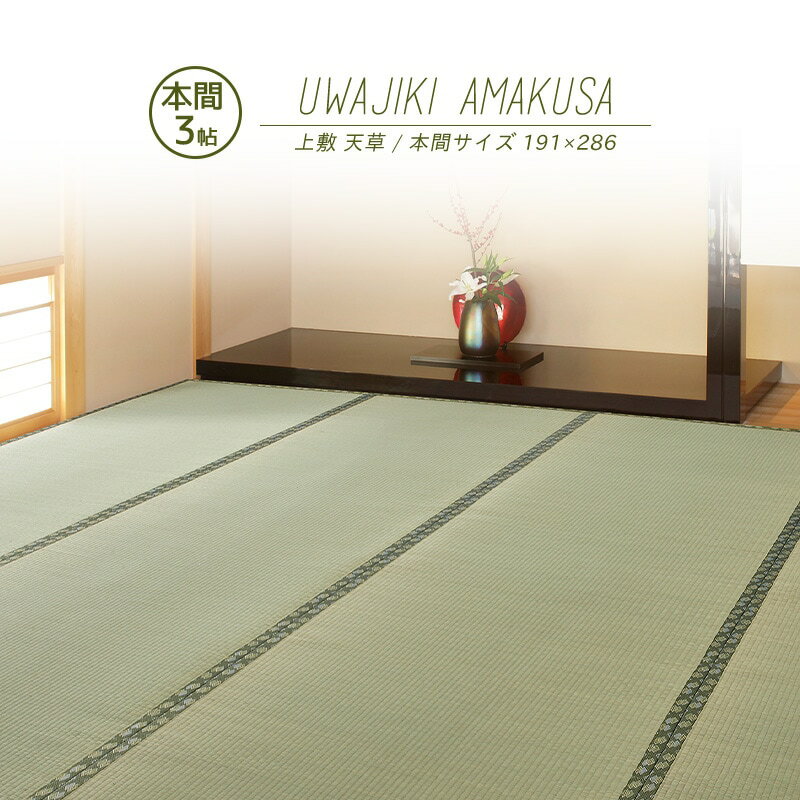 【メーカー直送品】国産 い草風上敷 天草 本間3帖 約191×286cm 抗カビ 消臭 国産い草100％ 双目織 全四方縁 日本製 上質 キズ防止 畳 ラグ カーペット 和風敷物 柄上敷き 和風 和室 通年使用 ホットカーペット対応 日本産 h38337 新生活