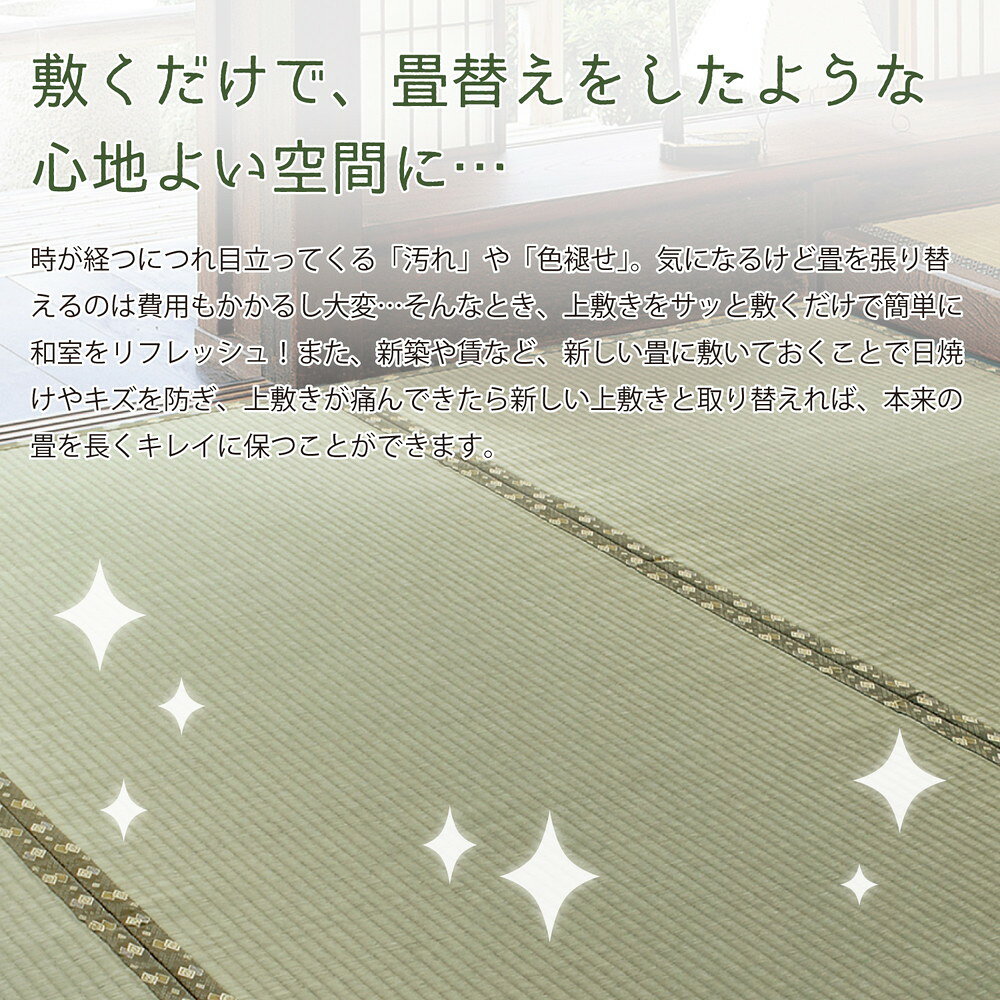 【メーカー直送品】国産 い草風上敷 琥珀 本間 2帖 約191×191cm 抗カビ 消臭 い草100％ 引目織 全四方縁 日本製 両面使える 上質 キズ防止 畳 ラグ カーペット 和風敷物 柄上敷き 和室 通年使用 ホットカーペット対応 日本産 h39237 新生活