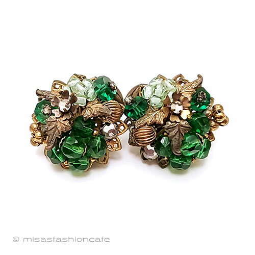 DeMarioNYイヤリング グリーンラインストーン花ブーケ ヴィンテージ アンティーク ジュエリー アクセサリー Vintage・ コスチュームジュエリー プレゼント ギフト【海外直輸入USED品】