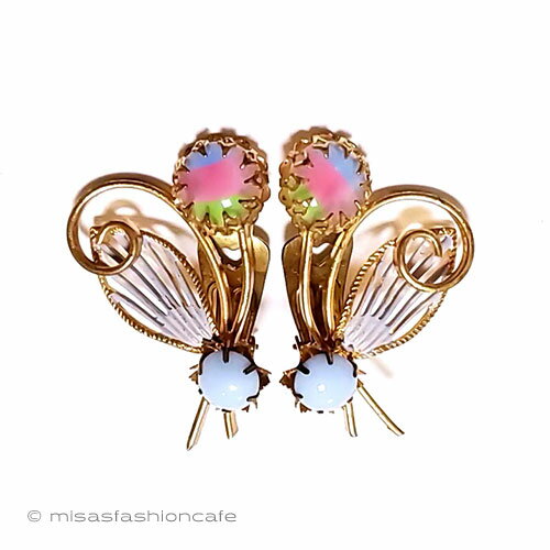 アンティークジュエリー　アイリスガラスの花　イヤリング　Vintage　antique　アンティーク　コスチュームジュエリー　アクセサリー　ビンテージ　　【海外直輸入USED品】のサムネイル