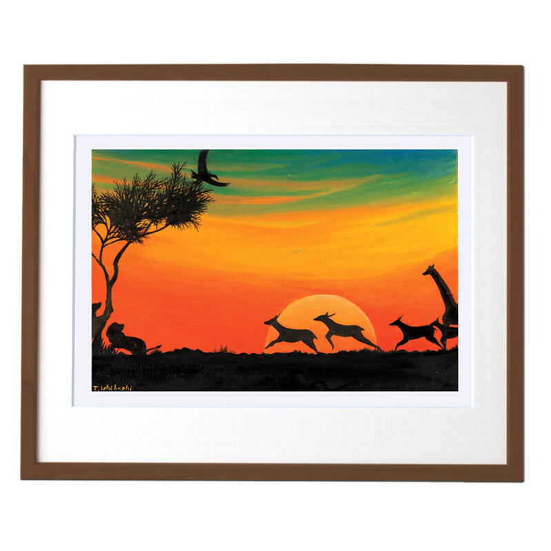 樂天商城 - 複製画 新品 額入り 障害者 アート サバンナの夕日 動物 絵画 ジークレー プリマグラフィ 飾る絵 インテリア 壁掛け 油絵 プレゼント 障がい者アート 送料無料