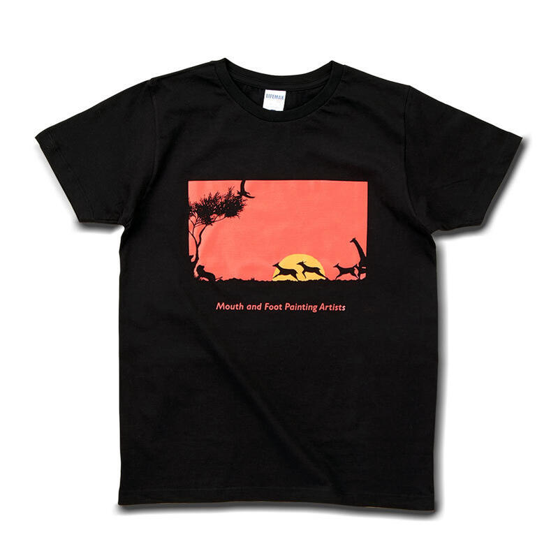 Rakuten - ＼ 在庫限り ／ Tシャツ 半袖 障害者 アート 綿100％ メンズ レディース クルーネック tシャツ 黒 ブラック サバンナの夕日 プリント コットン プレゼント 障がい者アート ポイント消化 送料無料 在庫限定