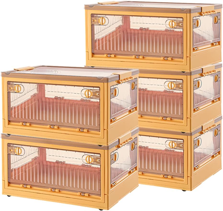 【5個セット】5面開き 折りたたみ 収納ボックス 26L 積み重ね ふた付き 収納ケース 前後扉付き 中身が見える プラスチックケース 全4色 キャスター付き ...