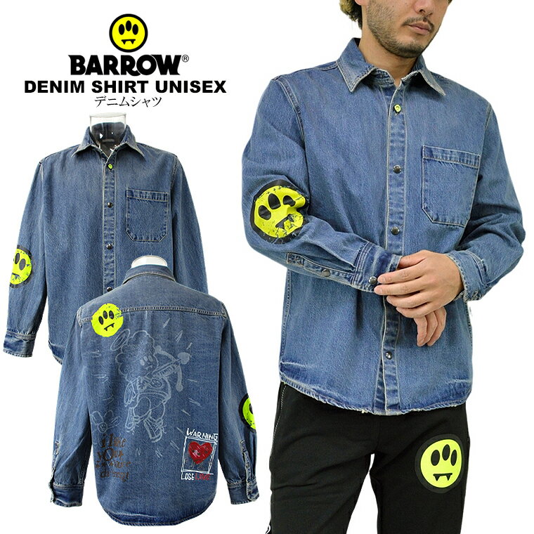 BARROW バロウデニムシャツbarrow/m/newEUモデル アメカジDENIM SHIRT UNISEXヴィンテージ加工 シャツジャケット ペアルック 男女兼用バックプリント バロー スマイル イタリア製【clearance sale限定】【即納】【CLOSE OUT SALE限定】