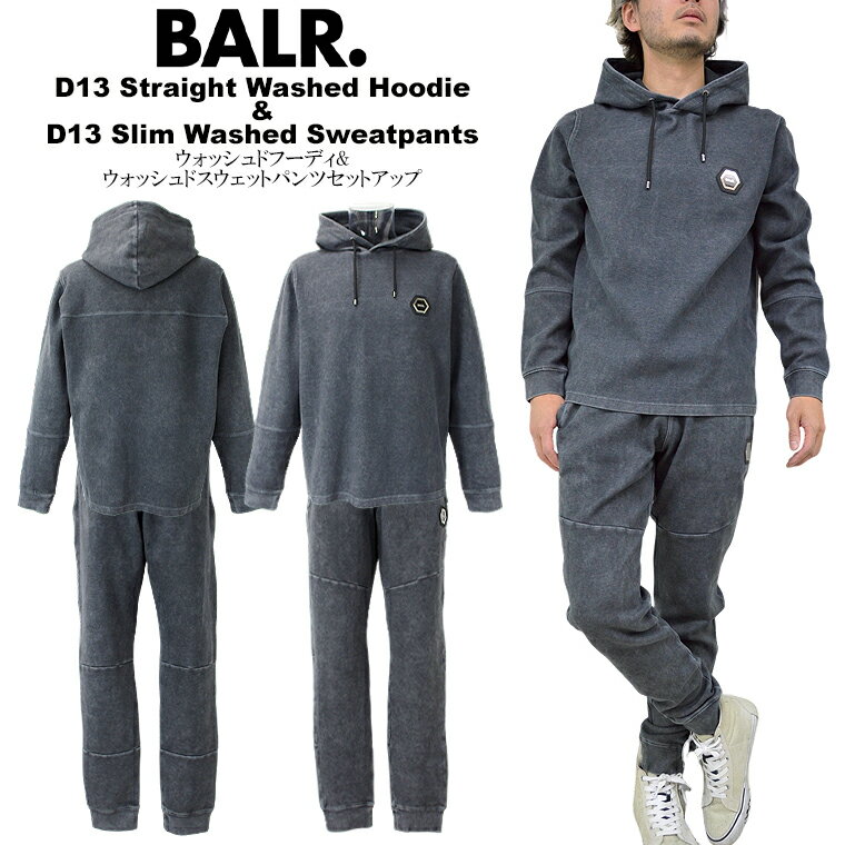 BALR. ボーラーBALR.は、デミー・デ・ゼーウ、エルイェロ・エリアとグレゴリー・ファン・デル・ヴィールの3人のオランダ代表のサッカー選手が2013年5月にオランダで立ち上げたラグジュアリーファッションブランド。コンセプトはサッカーとファッションの融合。サッカーをルーツに、サッカー選手たちのライフスタイルにインスピレーションを受けたラグジュアリーかつスポーティーなライフスタイルを提案しています。 商　品　説　明 ブランド BALR./ボーラー 品番 BALR-B1261-1095-B1411-1093-WASHED BLACK カラー Washed Black 素材 コットン88% ポリエステル12% 商品コメント ◆BALR./ボーラーのウォッシュドフーディ&ウォッシュドスウェットパンツセットアップ。「D13 Straight Washed Hoodie & D13 Slim Washed Sweatpants」。ホワイトウォッシュが施されたオーバーサイズのプルオーバーフーディとスリムタイプのスウェットジョガーパンツ。パンツは、スリムフィットで高い伸縮性を持つストレスフリーな着心地。ウォッシュのかかったボディにフットボールカルチャーを表すヘキサゴン型のメタルロゴプレートがワンポイントになったデザイン。セットアップでの着用は勿論、別々に着ても映えるアイテム。メンズサイズのアイテムですが、女性もオーバーサイズとしてご使用頂けます。 ボトム仕様/ウエスト部分ゴム入り、ドローコード有・フロントポケット2・バックポケット1 ※柄生地裁断により撮影商品の柄とは1点1点異なりますので予めご了承ください。また購入の柄をお選びする事はできません。 こちらの商品はヨーロッパからの並行輸入商品でございます。 状態上代 新品・正規品・未使用・並行輸入商品・日本未入荷海外限定ポーランド製・メーカー希望小売価格:トップス42,900円/パンツ42,900円 計85,800円 ＊生産過程に生じるキズや若干のgほつれ・汚れが多少ある場合がございます。また素材の特性上、若干の色ムラ、擦れが見られる場合がございますが、こちらは素材の特性となります。予めご了承下さい。 サイズ展開 海外EUサイズS 海外EUサイズM 海外EUサイズL 海外EUサイズXL 【海外EU規格サイズですが日本規格とほぼ同じサイズ感となりますので、必ず実寸サイズ表をご確認下さい。】 モデル身長178cm、標準体型、普段Mサイズ着用 Mサイズを着用して撮影 ※あくまでも、タグに表記されたメーカー規格によるサイズです。同サイズでも、メーカーによりサイズが変わってきますので、詳細は実寸を御覧下さいませ。 平置実寸 【トップス】 S:肩幅44cm身幅56cm着丈66cm袖丈64cm M:肩幅46cm身58cm着丈66cm袖丈65cm L:肩幅48cm身幅60cm着丈68cm袖丈65.5cm XL:肩幅50cm身幅62cm着丈70cm袖丈66cm 【ボトム】 S:ウエスト67〜79cmヒップ110cm股上31cm股下79cmもも幅32cm裾幅12.5cm〜 M:ウエスト72〜86cmヒップ114cm股上32cm股下80cmもも幅33cm裾幅13cm〜 L:ウエスト77〜91cmヒップ118cm股上33cm股下80cmもも幅34cm裾幅13.5cm〜 XL:ウエスト82〜96cmヒップ122cm股上34cm股下81cmもも幅35cm裾幅14cm〜 ※多少の誤差は御了承下さいませm(__)m