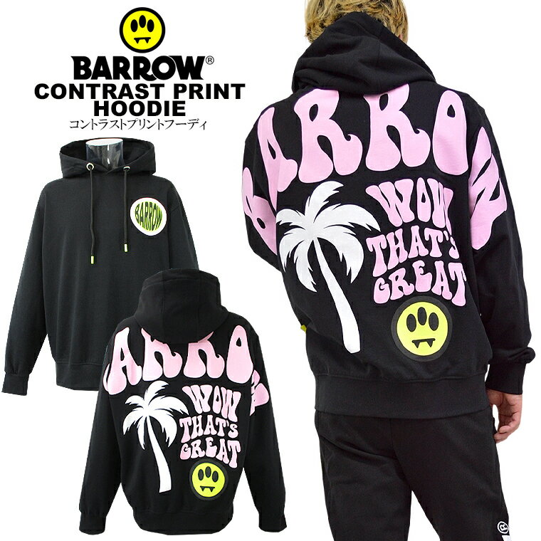 BARROW バロウコントラストプリントフーディbarrow/m/newEUモデル アメカジCONTRAST PRINT HOODIEプリント パーカー ペアルック 男女兼用バックプリント バロー スマイル イタリア製 UNISEX【clearance sale限定】【closeout sale限定】