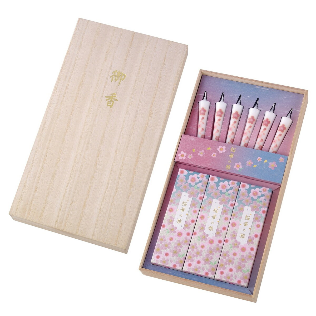【線香(ギフト用)】【微煙】進物線香 桜華の雅 線香・絵ローソクセット 桐箱入