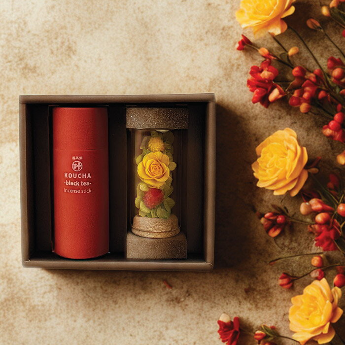 【微煙】進物　香茶葉 線香・お花セット 丸叶むらた お線香ギフト（全9種）プリザーブドフラワーとお線..