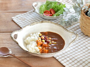 【クーポン配布中】食器 カレー皿 パスタ皿 おしゃれ 和食器 モダン 美濃焼 ボウル アウトレット カフェ風 渕茶白唐津手付きパスタ皿