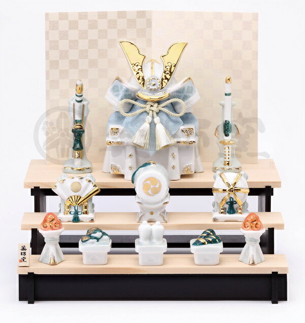 【5791】【3/25入荷予定】●五月人形●染絵出世兜（白藍・組み立て式三段飾り）【20%OFF/置物/通販/五月人形/5月/こどもの日/端午の節句】