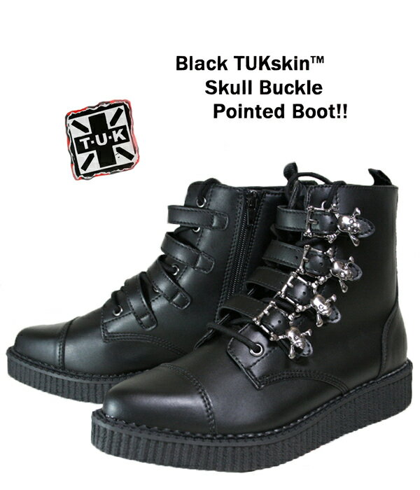 TUK スカルバックルブーツ 厚底 ソフトポインテッドトゥ ショートブーツ レースアップ Black TUKskinTM Skull Buklr Pointed Bootゴシック ロリータ ゴスロリ紳士 婦人 靴 コスプレ ハロウィン【あす楽対応】【smtb-td】【送料無料】