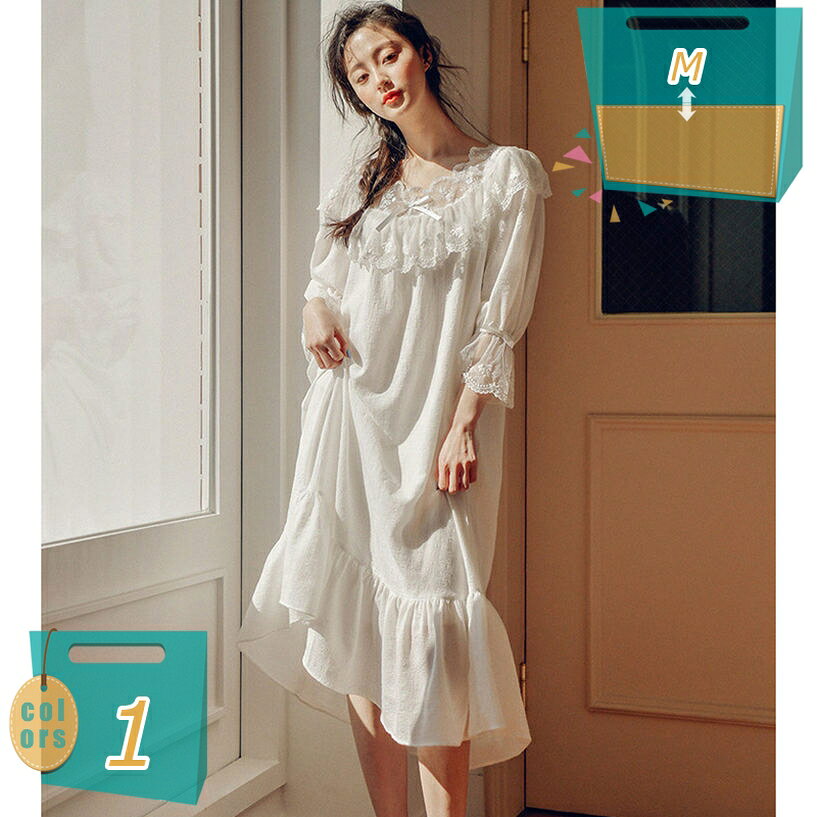 ネグリジェ レディース ルームワンピース パジャマ 可愛いレース ルームウェア ロング丈 七分袖 チュール ナイトウェア 部屋着 お寝巻き レース フリル リボン お姫様気分に 可愛い セクシー 春夏秋 お姫様 ネグリジェ mi-ya-bi