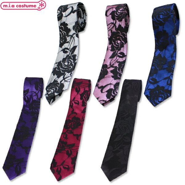 1312AB■【送料無料・即納】B品 ネクタイ 細身薔薇柄 色:ピンク/ネイビー/オフホワイト/パープル/濃ピンク/ブラック ローズ 花柄 レース キレイ カジ...