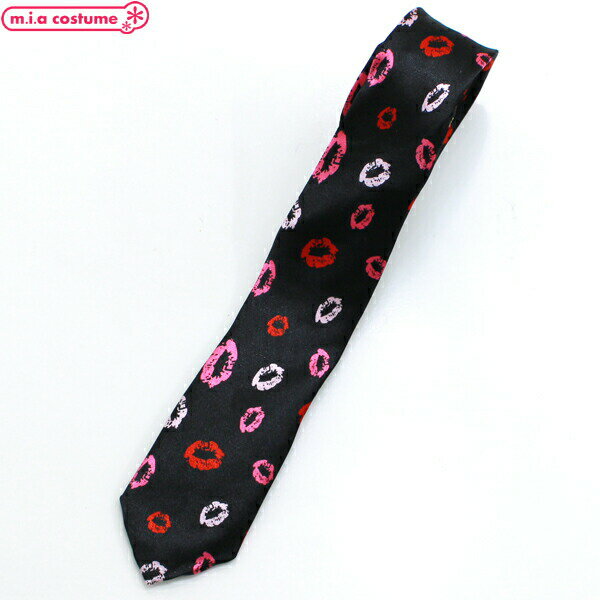 1307D■【送料無料・即納】B品 ネクタイ 細身口付け柄 色:黒地×赤白ピンク ブラック リップ柄 口紅 ポップ スクール カジュアル オシャレ ハロウィン ...