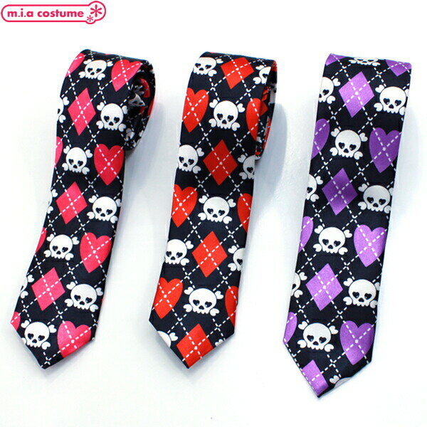 1312D■【送料無料・即納】B品 ネクタイ 細身ドクロアーガイル柄 黒地 色:ピンク/赤/紫 骸骨 髑髏 スクール カジュアル オシャレ ハロウィン コスプレ