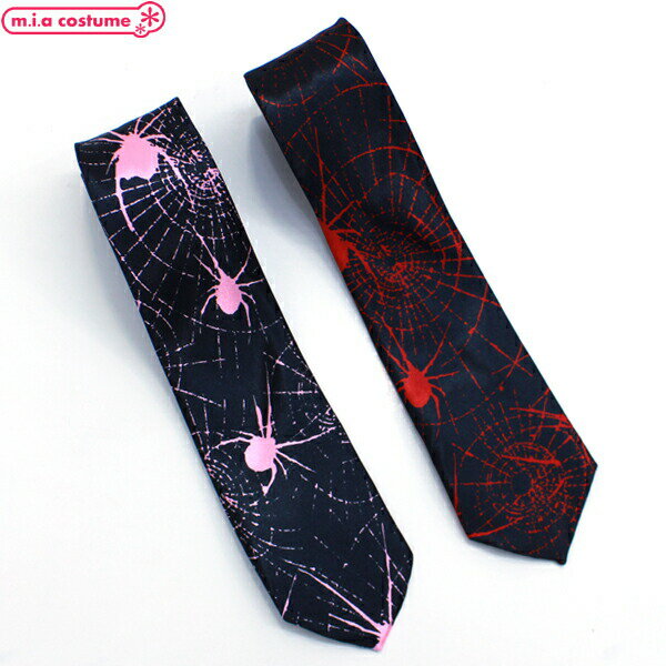 1281F■【送料無料・即納】B品 ネクタイ 細身クモとクモの巣柄 黒地 色:ピンク/赤 蜘蛛 スパイダー スクール カジュアル オシャレ ハロウィン コスプレ