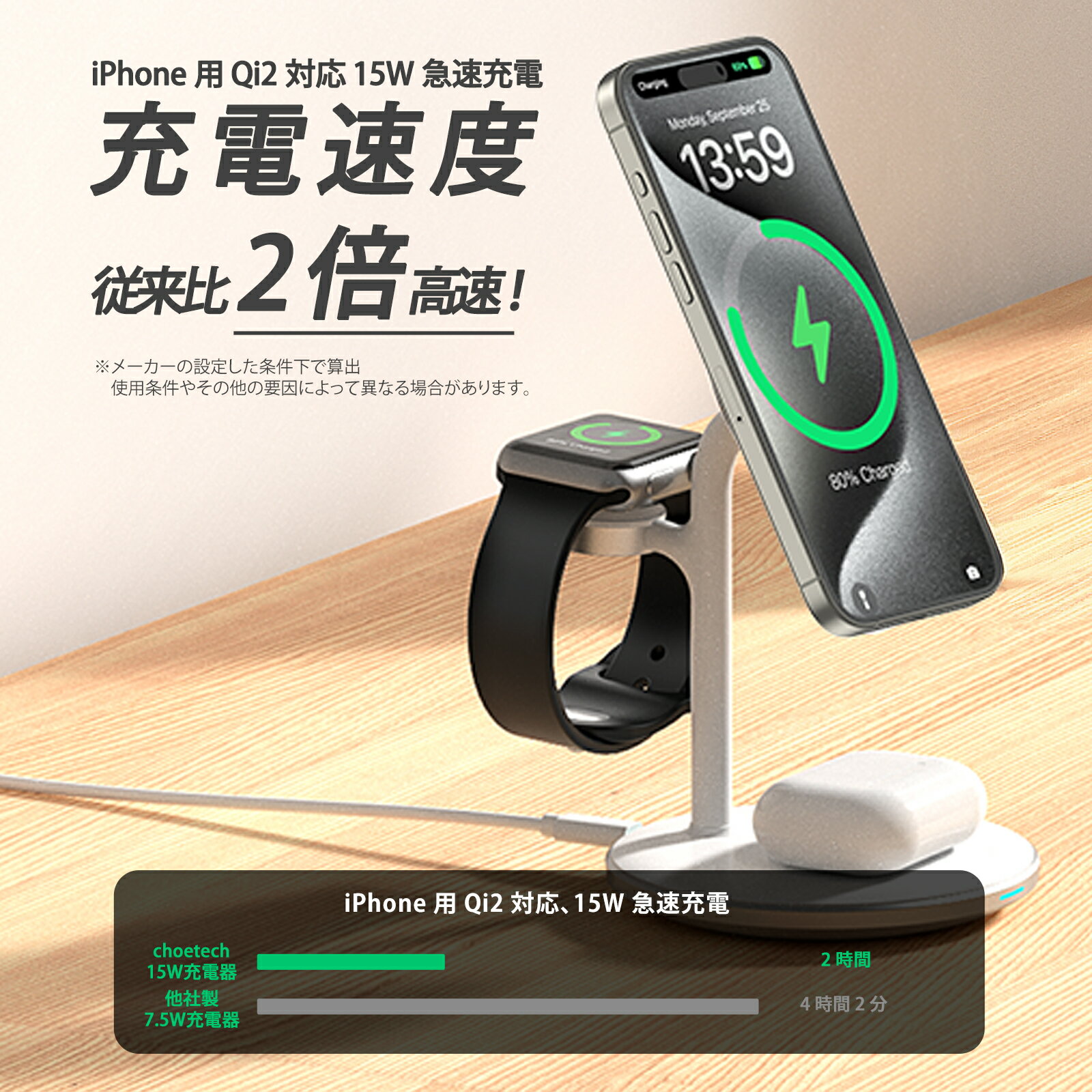 CHOETECH 3-in-1 �����磻��쥹��®���Ŵ� T585-F-V12��Qi2�б���iPhone AirPods Apple Watch 15W��®���� �ʥ��ڡ��� 3��Ʊ���˽��� MagSafe ������ �ĸ��� �ϥ󥺥ե꡼