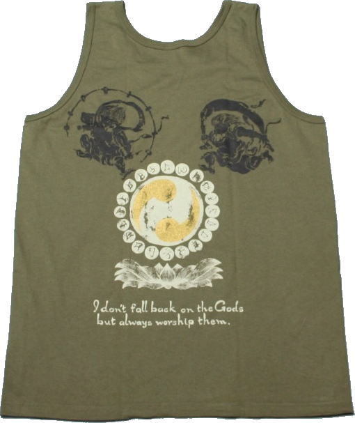 和柄タンクトップ「風神雷神」梵字 仏画 家紋 ノースリーブ 半袖 tシャツ 送料無料 メンズ レディース ダンス 手染 京都