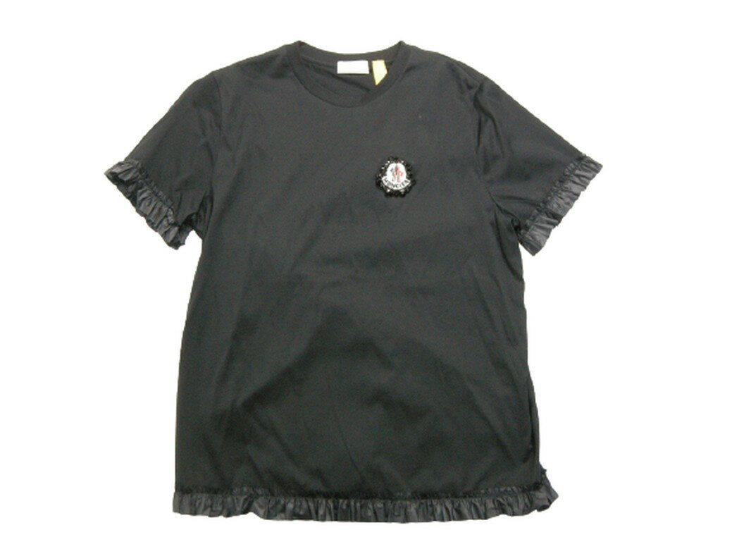 【MONCLER/モンクレール/GENIUS/ジーニアス/SIMONE ROCHA/シモーンロシャ/シモーネ/T-SHIRT GIROCOLLO/ビジューワッペン付きフリル裾 Tシャツ/TEE/半袖/カットソー/ドレス/レディース/2020SS/春夏/999/ブラック/黒/サイズS/L ゆったりめ】【8C702-00-8390X】