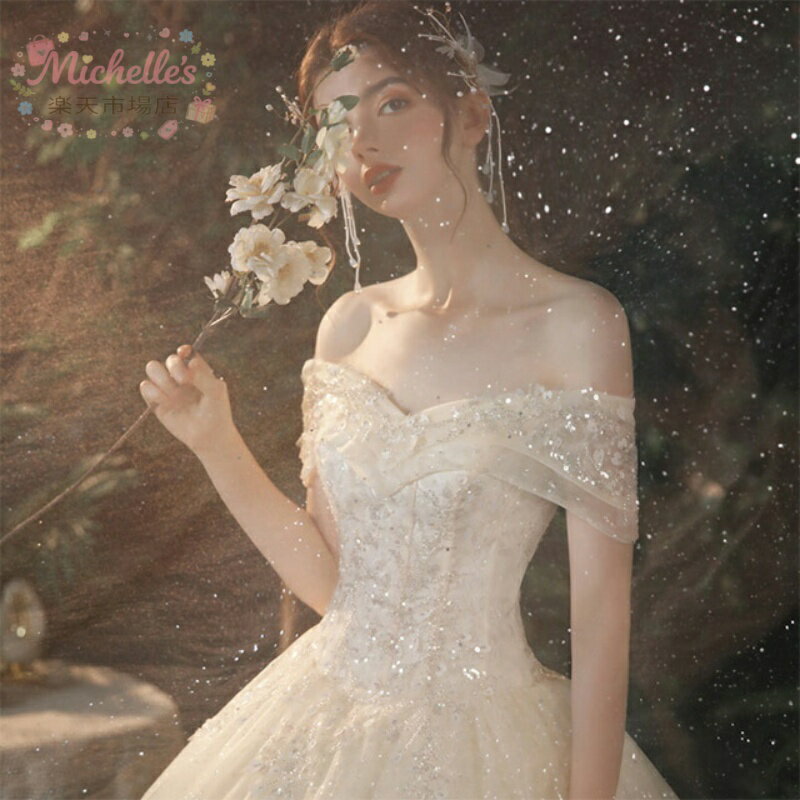 樂天商城 - ウェディングドレス オフショルダー スパンコールドレス キラキラ 結婚式ドレス Vネック シャンパン色 ホワイト ロングドレス Aライン プリンセスドレス 披露宴 二次会ドレス ビーズ キレイめ 編み上げ