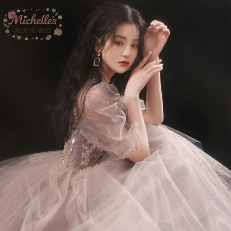乐天商城 - 【楽天スーパーSALE】イブニングドレス パフスリーブ チュール ロングドレス 姫系 お姫様 ロマンチック パーティードレス 20代 30代 ハイネック コンサート コンクール 発表会ドレス Aライン 結婚式ドレス 二次会ドレス お呼