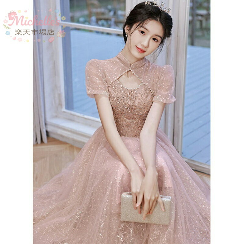 樂天商城 - イブニングドレス チャイナ風ドレス 立ち襟 ミモレ丈ドレス ロングドレス ピンク 結婚式ドレス 二次会ドレス　パーティードレス パール エレガント 発表会ドレス ロング スパンコール キレイめ XS S M L XL XXL XXXL