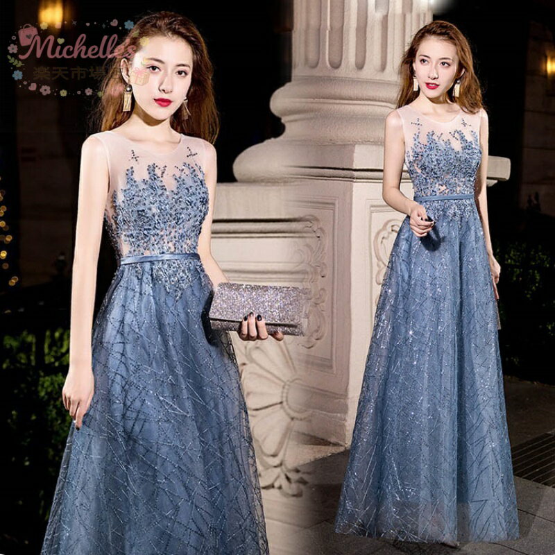 樂天商城 - イブニングドレス ブルー ネイビー ロングドレス レース 花柄 発表会ドレス 演奏会ドレス ノースリーブ ロング Aライン 結婚式ドレス 二次会ドレス パーティードレス XS S M L XL XXL XXXL