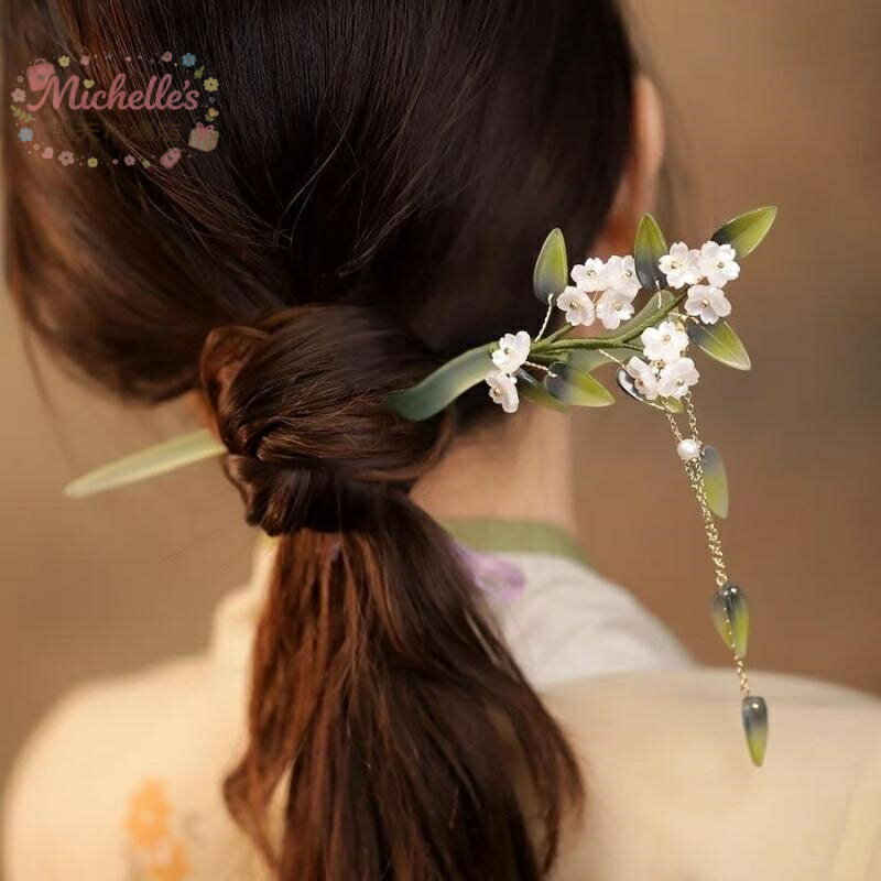 樂天商城 - 簪 キッズ 女の子 新中華風 翠竹 フリンジ タッセル 揺れる ヘアアクセサリー アセテート グラデーション グリーン 竹の葉モチーフ 上品 かわいい 普段使い 浴衣 着物 ハーフアップ まとめ髪