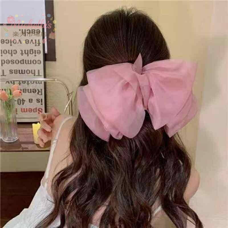 乐天商城 - ヘアアクセサリー レディース シフォン ビッグリボン バネクリップ エレガント 上品 大人かわいい 髪留め ポニーテール 後頭部 蝶結び クラウドデザイン 春夏 ベージュ ブラック ブラウン ピンク系 グレー