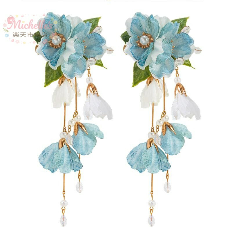 樂天商城 - ヘアアクセサリー レディース 漢服風 絹花 ペアクリップ タッセル 青色 花 古風 優雅 エレガント 中国風 華やか 髪飾り イベント 布製