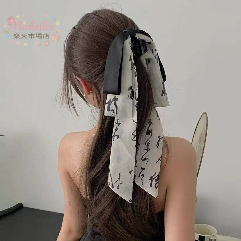 樂天商城 - ヘアアクセサリー レディース 新中華風 古風 水墨画風 高級感 リボン バンスクリップ 布製 上品 エレガント デート お出かけ 髪留め 夏