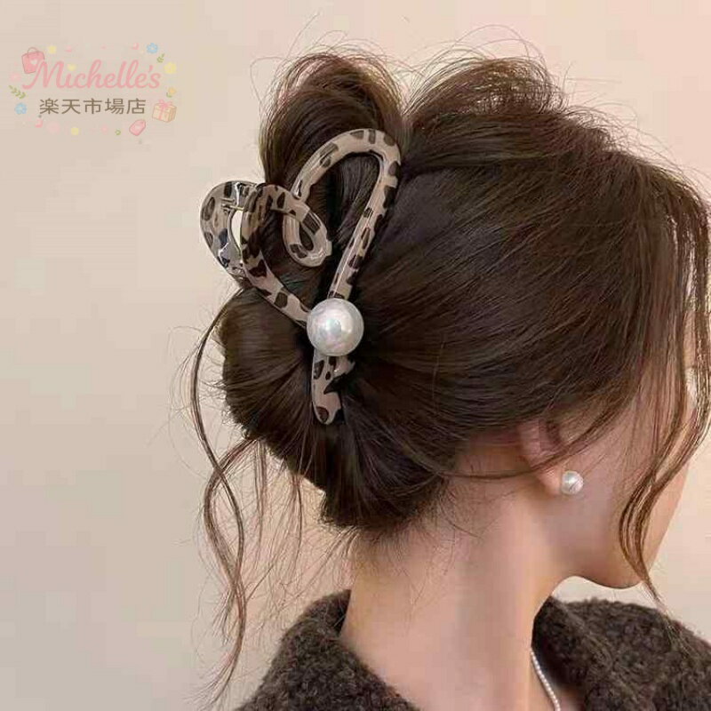 ヘアアクセサリー レディース ヒョウ柄 透かし ハート パール バンスクリップ シャ...