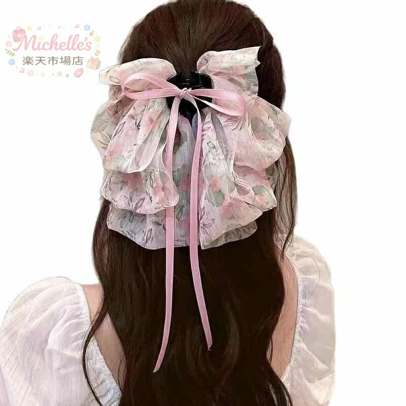 樂天商城 - ヘアクリップ レディース 女性用 高級感 エレガント 上品 小花柄 フローラル ビッグリボン ロングリボン 揺れるリボン ネット素材 シフォン バンスクリップ 髪留め ヘアアクセサリー 髪飾り 大人可愛い