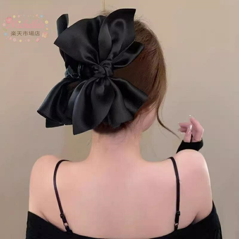 樂天商城 - ヘアアクセサリー レディース 大きな蝶結び サテン生地 黒 クリップ 手作り かわいい 清新 甘め 春 後頭部用 アップスタイル 普段使い 女性向け ヘアピン 髪飾り