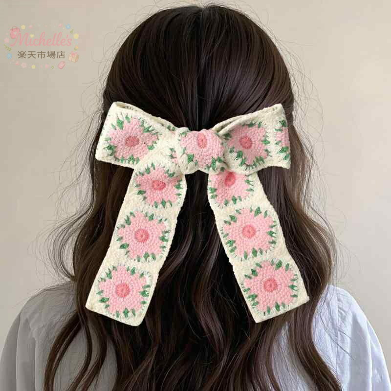 乐天商城 - ヘアアクセサリー 女の子 春 かわいい リボン ヘアクリップ 花柄 ヘッドスカーフ 少女風 手作り 布地 黒 白
