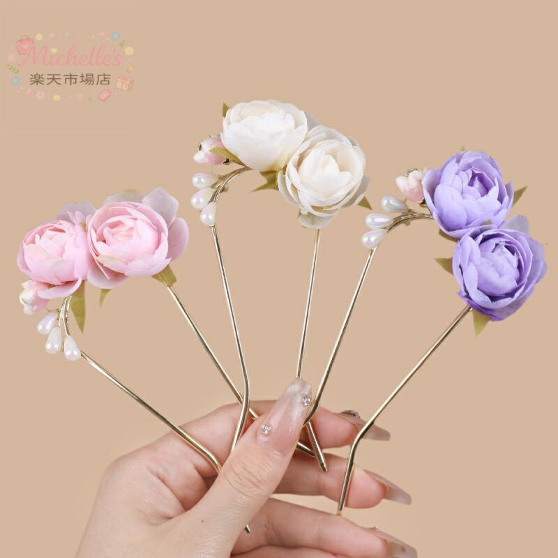 樂天商城 - ヘアアクセサリー かんざし ヘアピン U字型 バラ花 モチーフ 中国風 漢服 チャイナドレス 合わせ 優しい デザイン 白月光 紫 ピンク 赤 合金 電気メッキ加工 かわいい