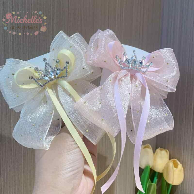 樂天商城 - 【楽天スーパーSALE】ヘアアクセサリー 女の子 子供 大型リボン 光沢チュール ポニークリップ トップクリップ プリンセススタイル 王冠デザイン 手作り かわいい 夏 ピンク パープル シャンパン