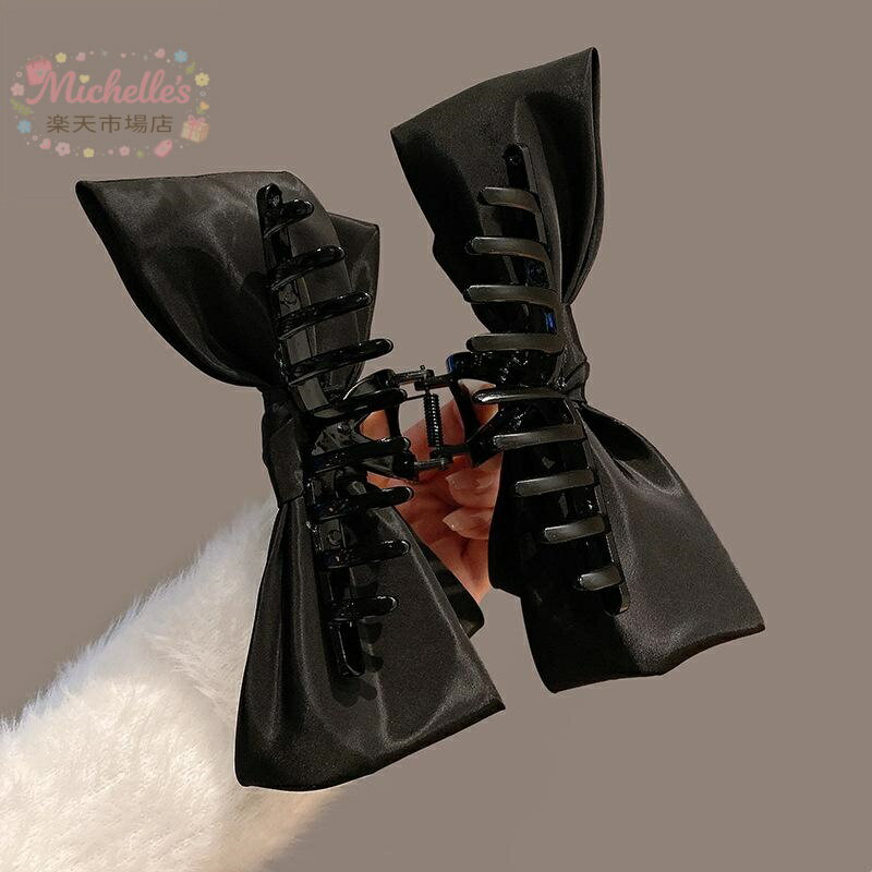乐天商城 - 【楽天スーパーSALE】ヘアクリップ レディース 大きな蝶結び 黒 サテン シャーククリップ 後頭部 アップスタイル 韓国風 かわいい ヘアアクセサリー 布地 爽やか 甘め 普段使い