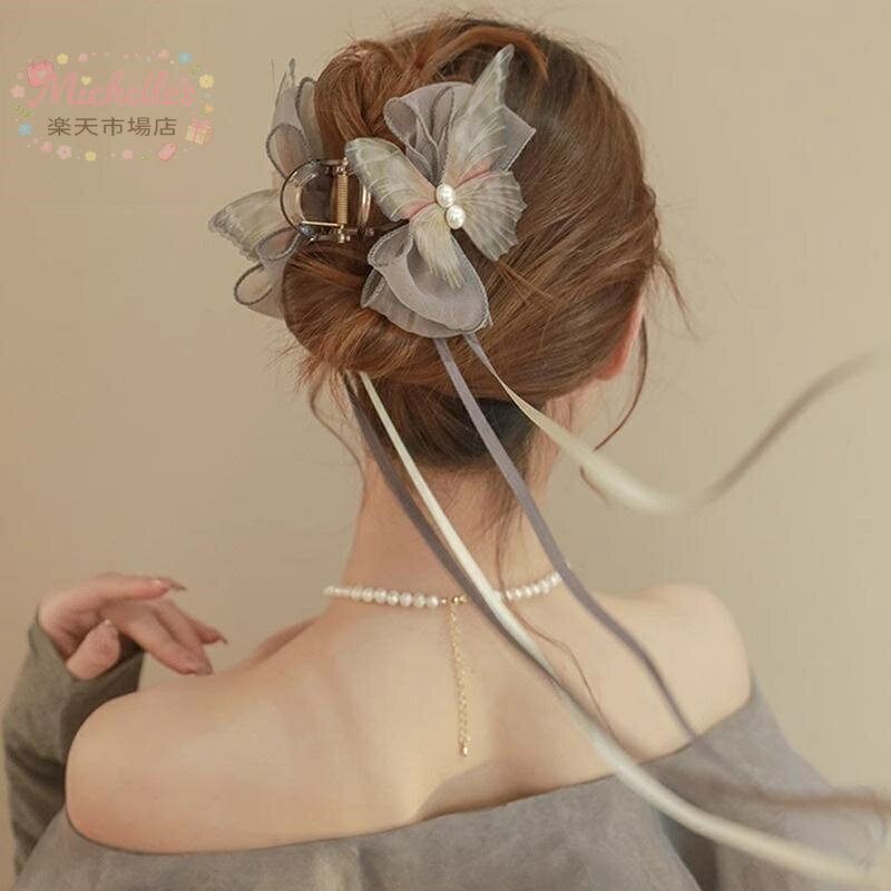 樂天商城 - ヘアアクセサリー レディース 蝶結び リボン タッセル シャーククリップ 高級感 パール 蝶モチーフ アップヘア 後頭部 夏 日韓風 清新かわいい グレー 黒 緑