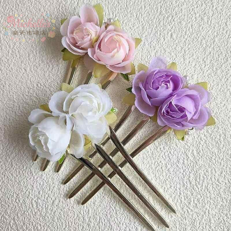 樂天商城 - 髪飾り 女性 バラ花 三つ歯 かんざし 古風 旗袍 後頭部 アップヘア メタル 手作り ピンク ベージュ パープル 春 上品 美しい 精巧 花モチーフ ヘアアクセサリー