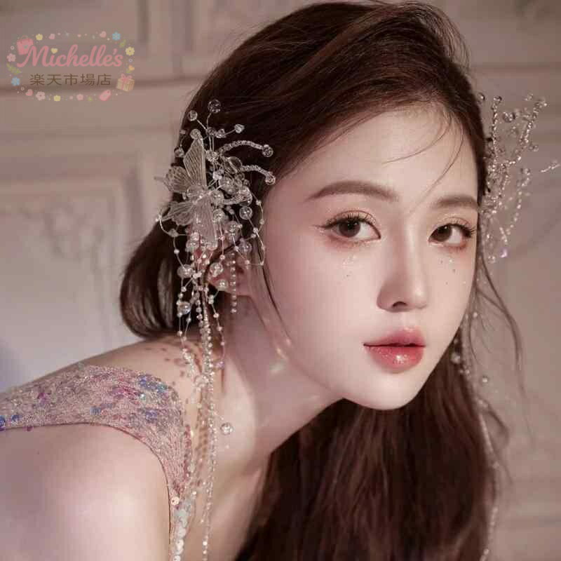 樂天商城 - ヘアアクセサリー レディース 水晶 蝶 タッセル ペアクリップ ブライダル ウェディング ヘア飾り 結婚式 フォトシュート キラキラ かわいい 輝き