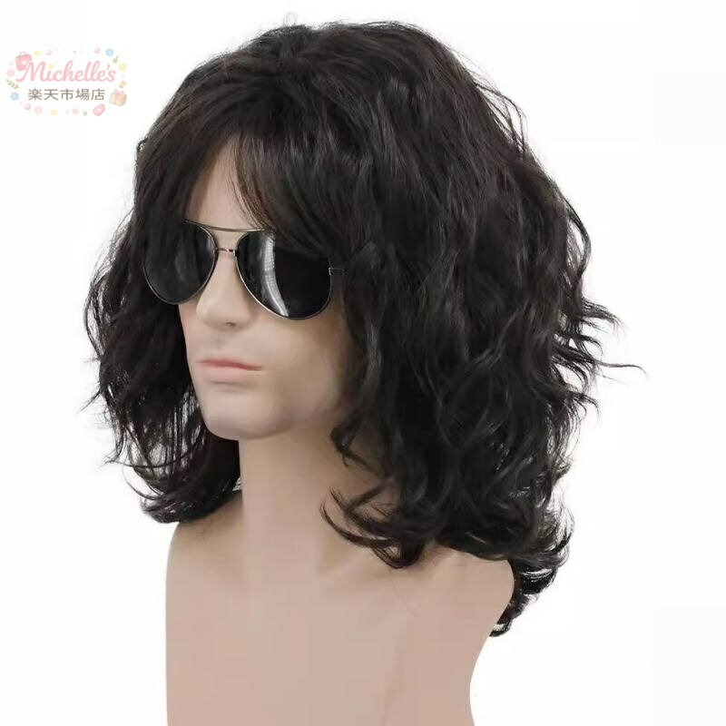 樂天商城 - ウィッグ 男性用 かつら ミディアム ロング カール 巻き髪 ショートバング シースルーバング ロック風 ファッション ふんわり 自然 耐熱ファイバー 黒 茶 金 ブラック ブラウン ゴールド